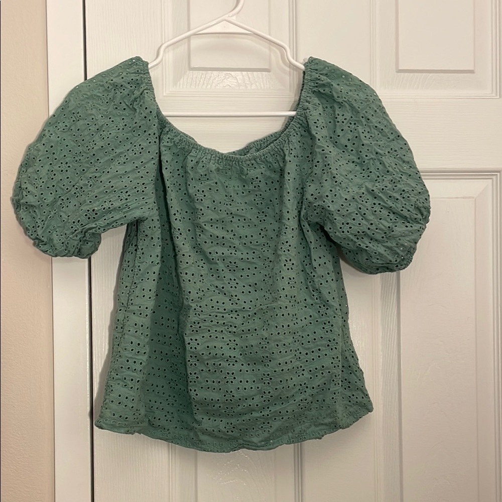 Green Eyelet Puff Sleeve Top